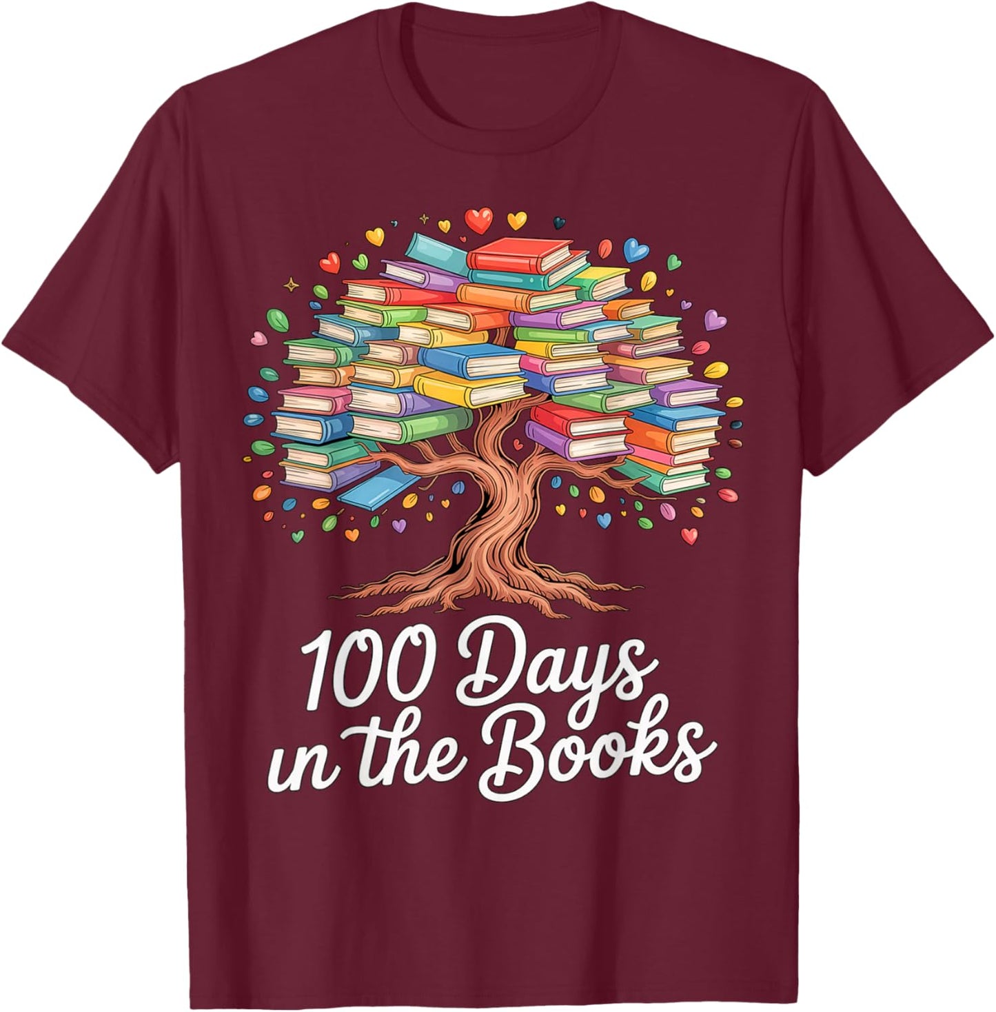 100th Day of School Books Tree Reading Design T-Shirt - T-Shirt | Maroon
