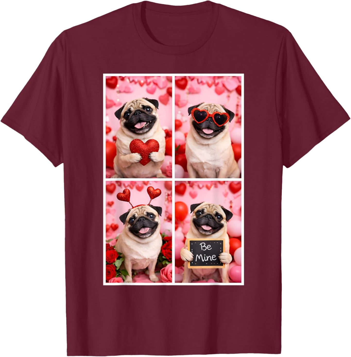 Photobooth Pug Valentines Day Dog Love T-Shirt - T-Shirt | Maroon