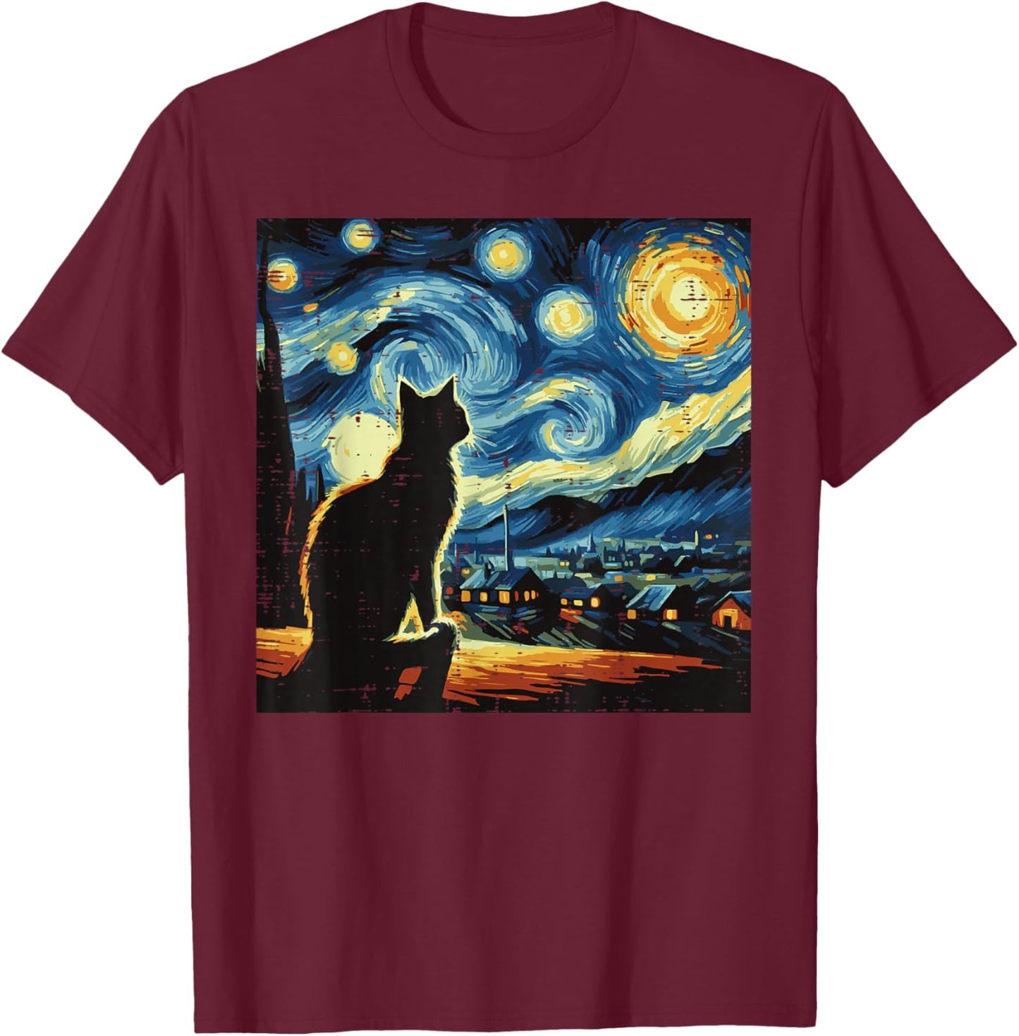 Cat Starry Night Van Gogh Kitty Painting Art Women Men Kids T-Shirt - T-Shirt | Maroon