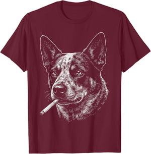Vintage Australian Cattle Dog Smoking Cigarette Graphic Meme T-Shirt - T-Shirt | Maroon