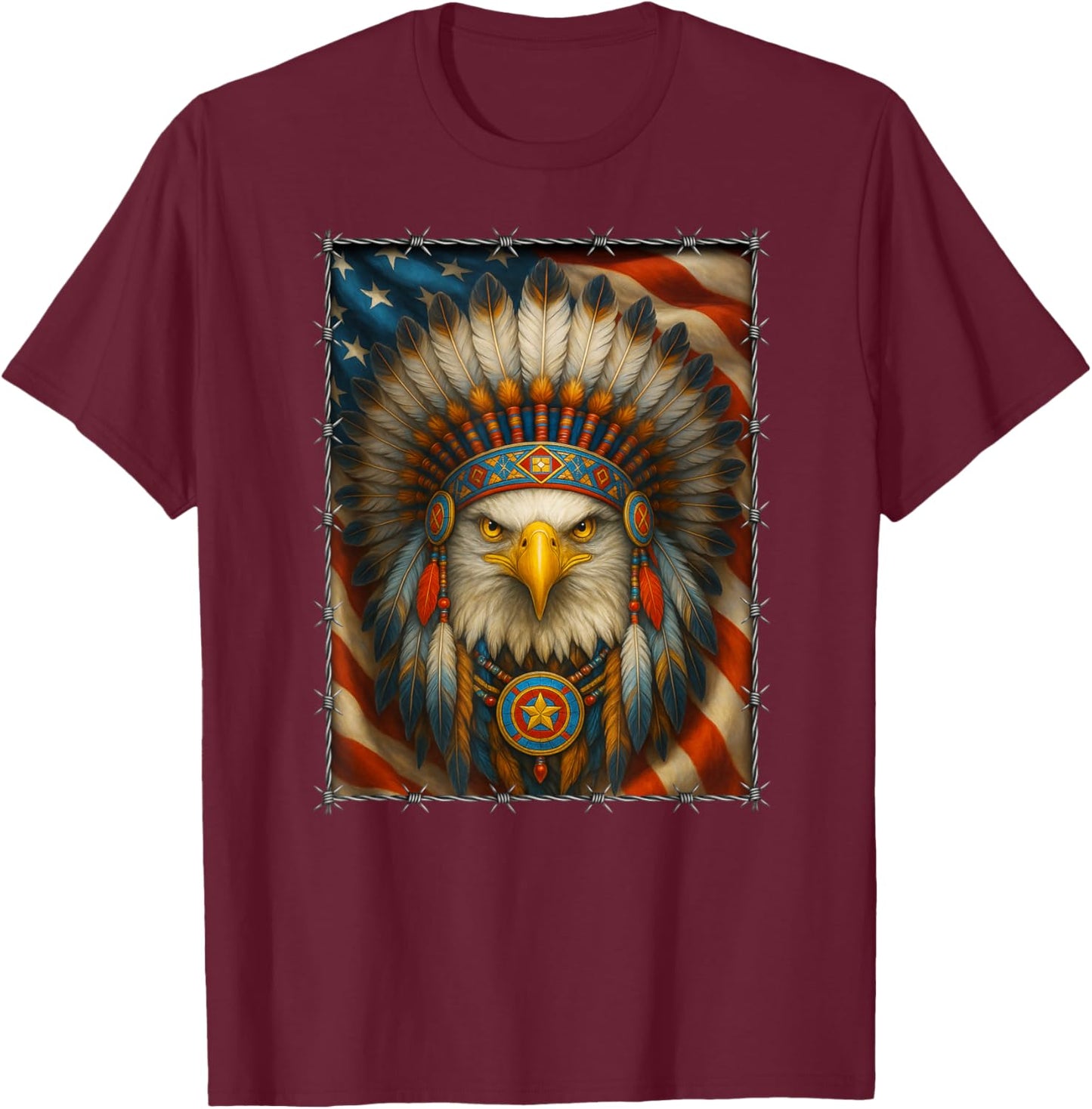 Native American - Indian Headdress Eagle - Navajo USA Flag T-Shirt - T-Shirt | Maroon