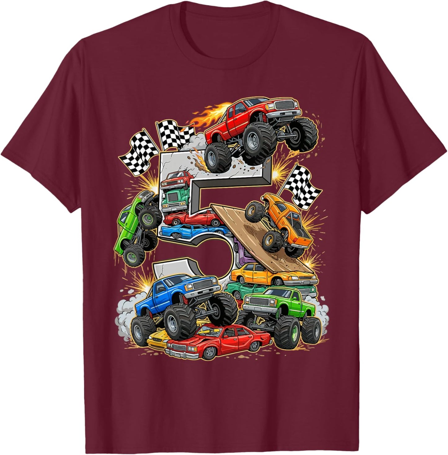 5th Birthday Monster Truck Racing Birthday Boy Party T-Shirt - T-Shirt | Maroon