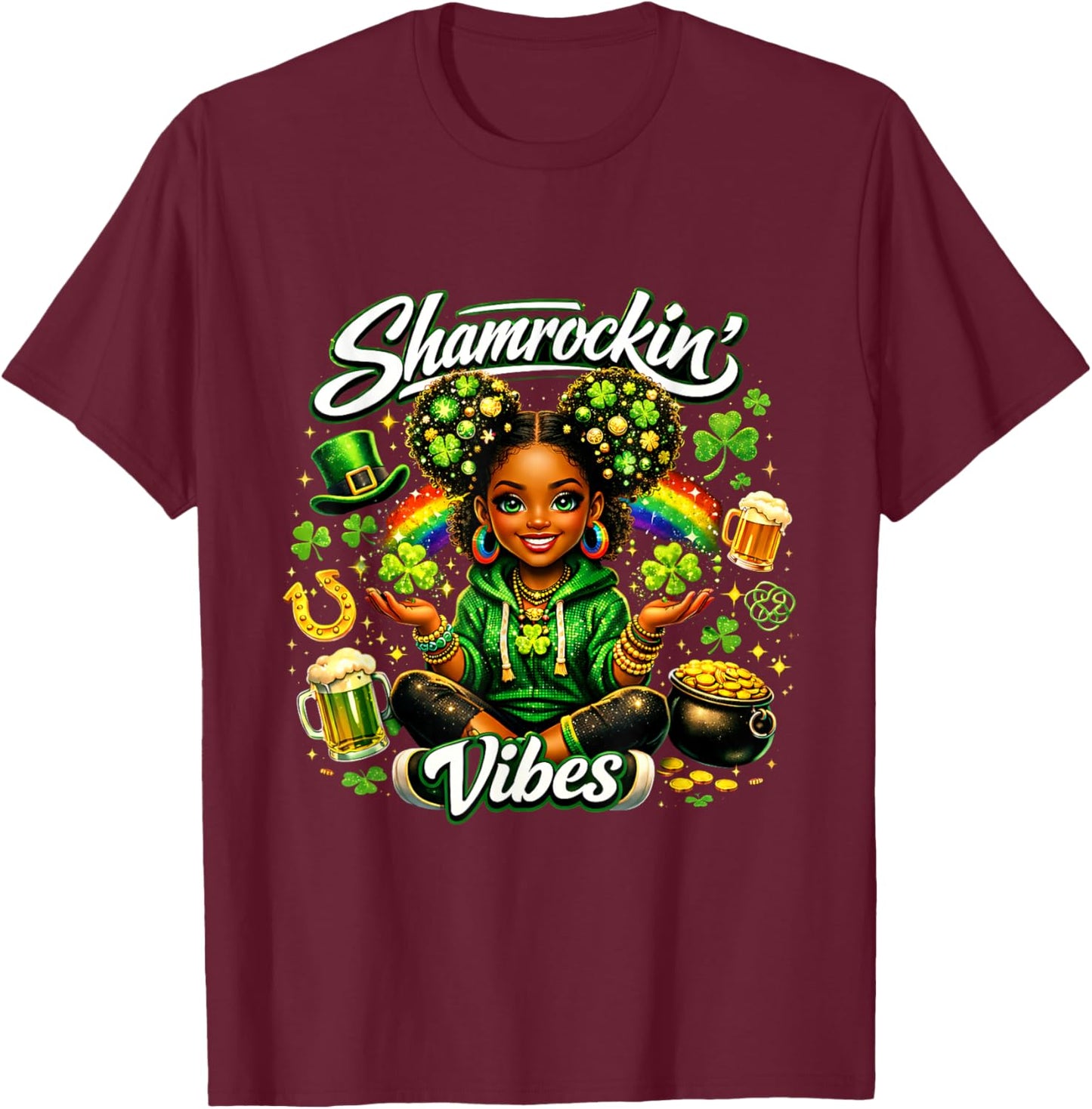 Shamrockin Vibes Cute St Patricks Day Irish Girl T-Shirt - T-Shirt | Maroon