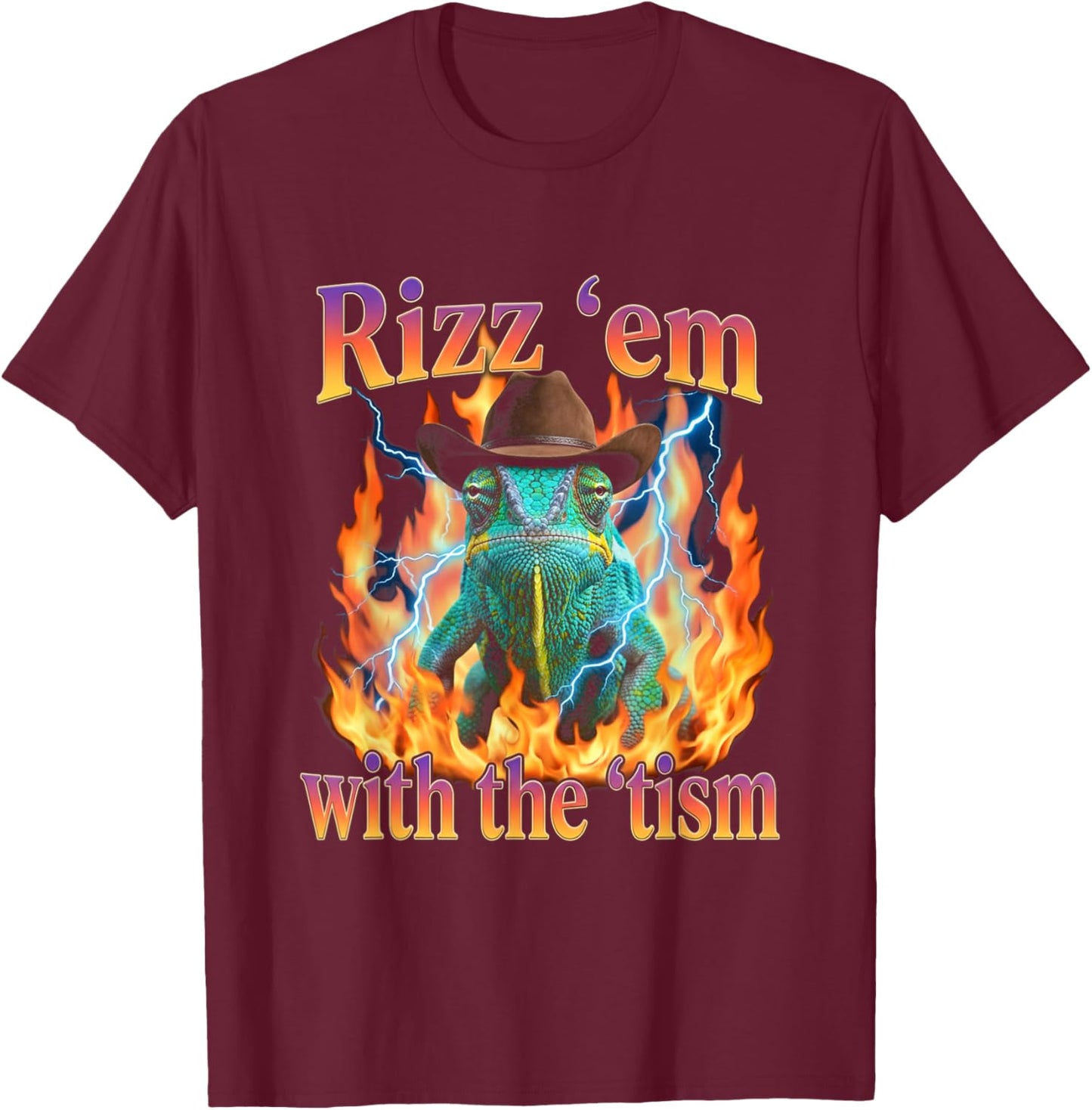 Rizz Em with The Tism Cowboy Chameleon Y2K Bootleg T-Shirt - T-Shirt | Maroon