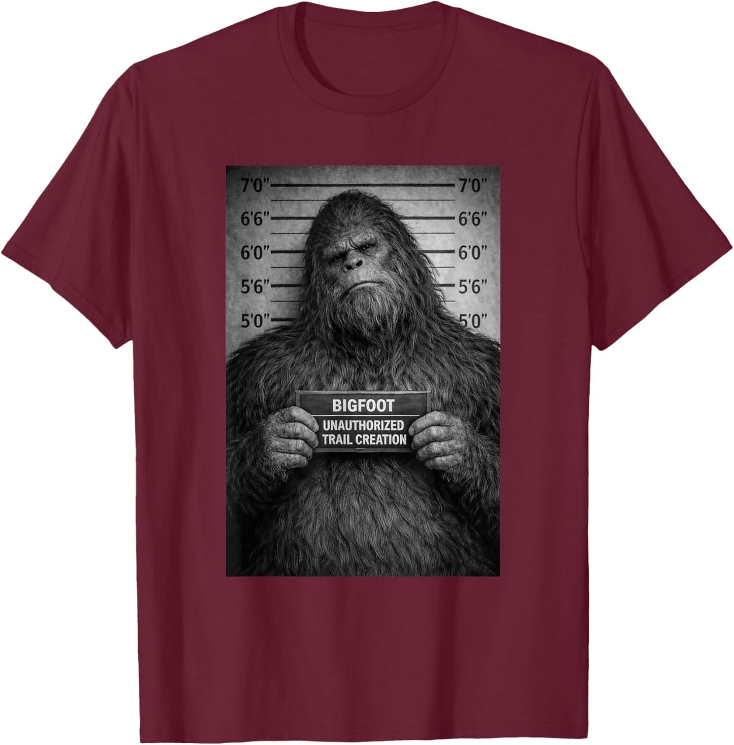 Sasquatch Mugshot Outdoor Humor Design T-Shirt - T-Shirt | Maroon