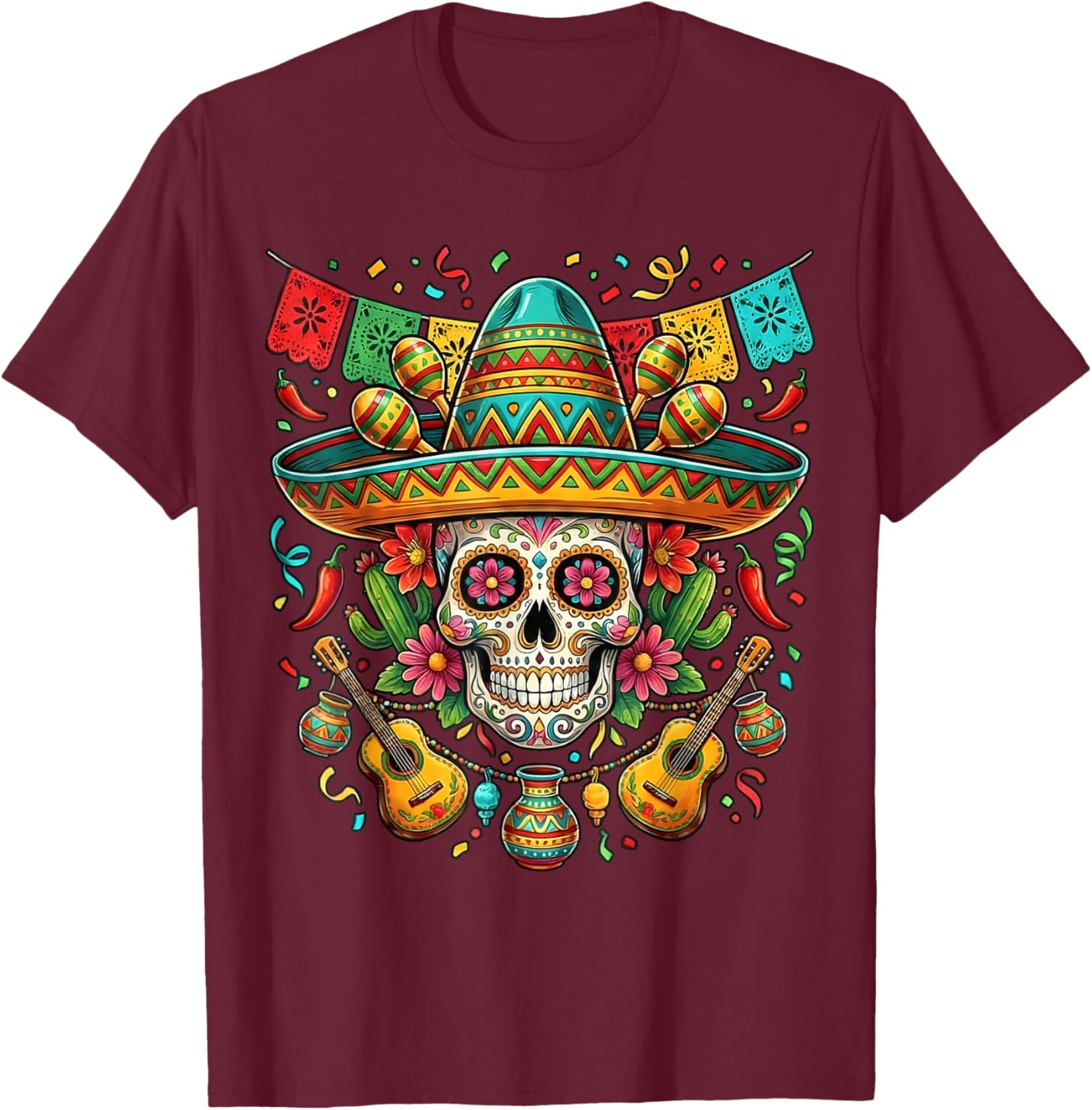 Skull Cinco De Mayo Men Women Kids 5 De Mayo Mexican Fiesta T-Shirt - T-Shirt | Maroon