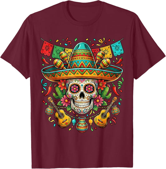 Skull Cinco De Mayo Men Women Kids 5 De Mayo Mexican Fiesta T-Shirt - T-Shirt | Maroon