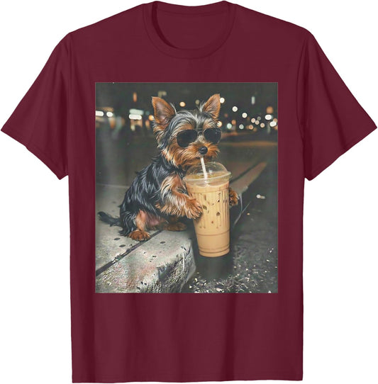 Yorkie Drinking Iced Coffee Funny Animal Meme Dog Lover T-Shirt - T-Shirt | Maroon
