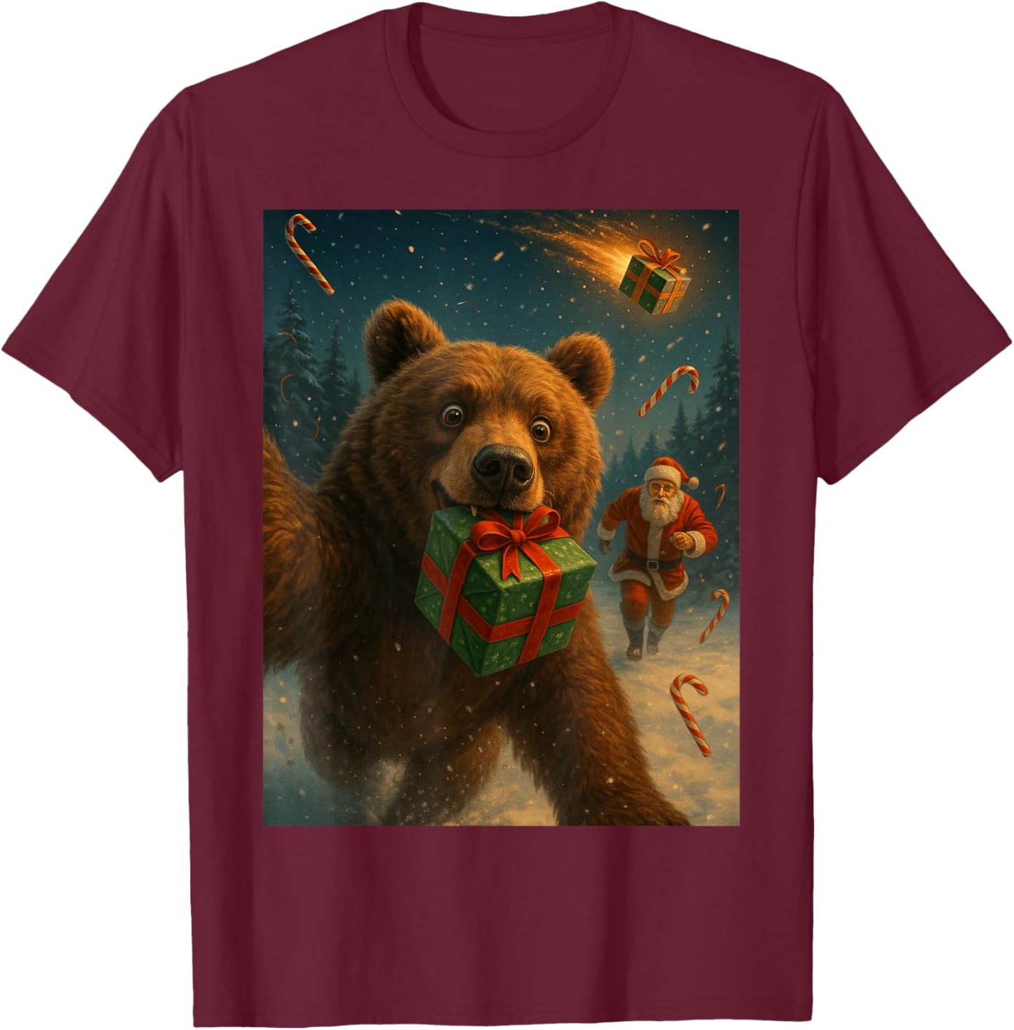 Christmas Bear Shirt - Funny Selfie with Santa T-Shirt - T-Shirt | Maroon