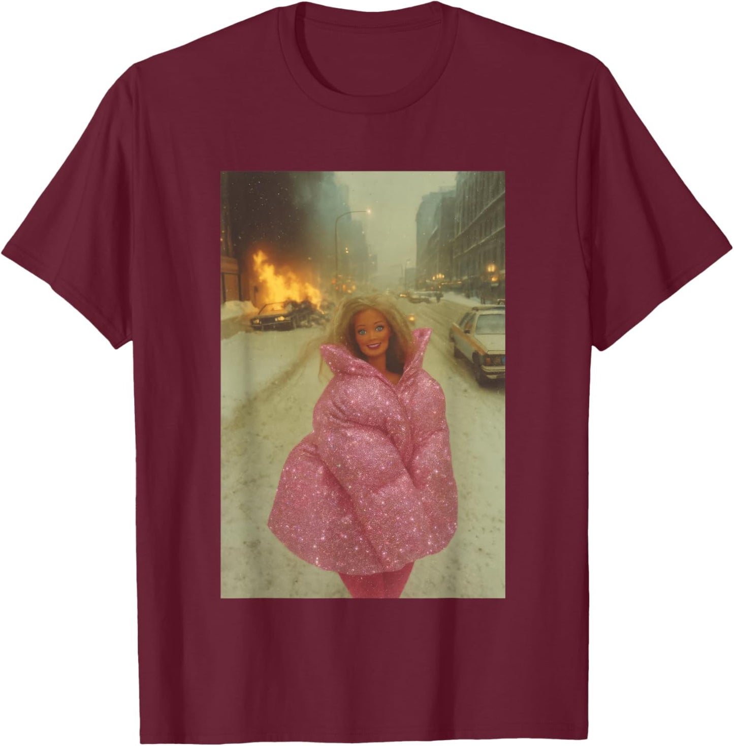 Funny Chaotic Disaster Doll Burning Background on fire Meme T-Shirt - T-Shirt | Maroon