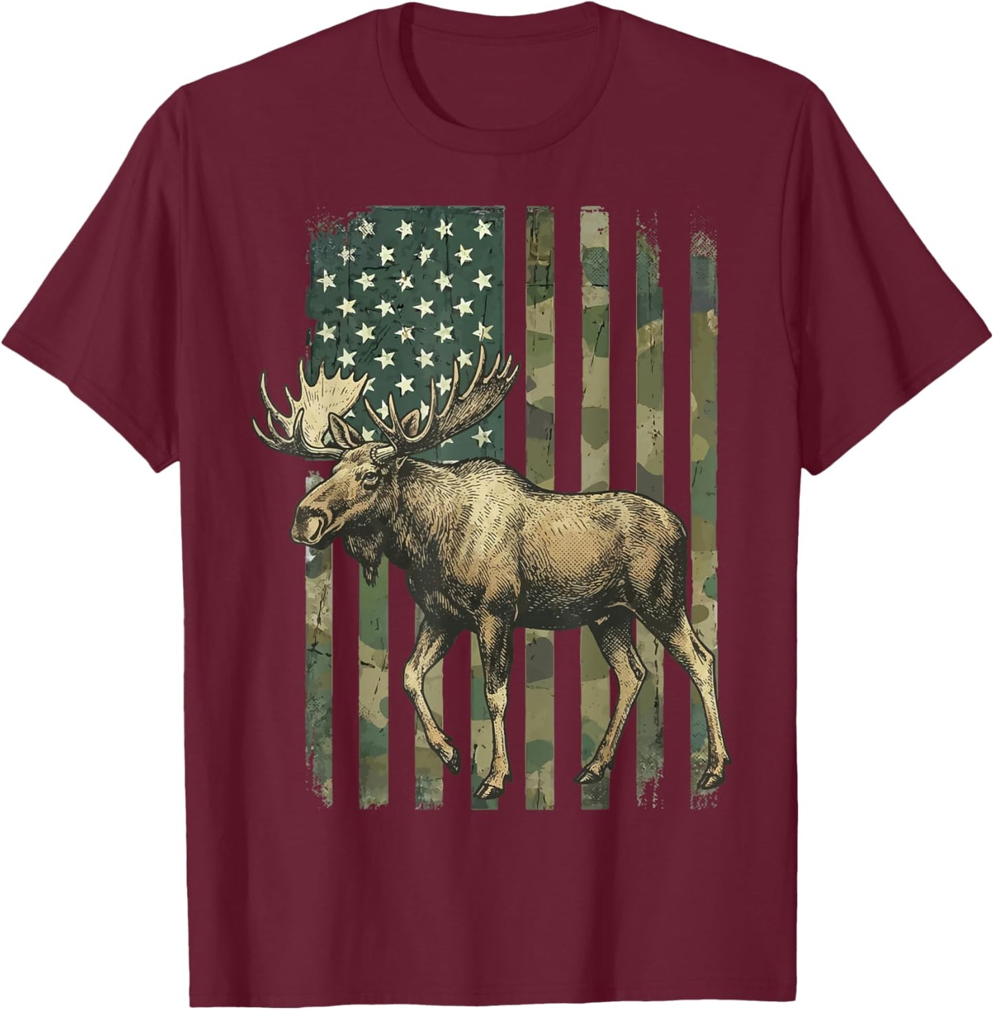 Moose USA Flag Alaska Wildlife T-Shirt - T-Shirt | Maroon