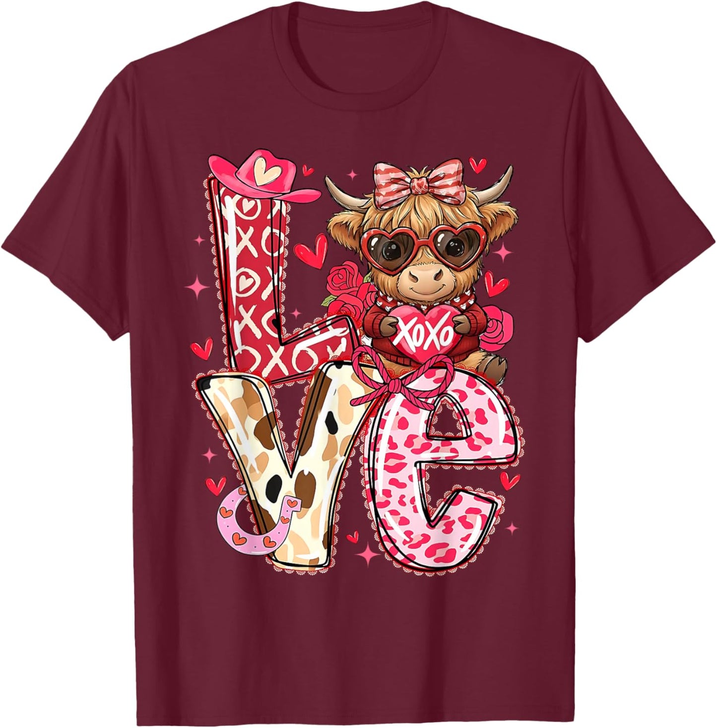 Love Western Highland Cows Valentine Cowgirl Hat T-Shirt - T-Shirt | Maroon