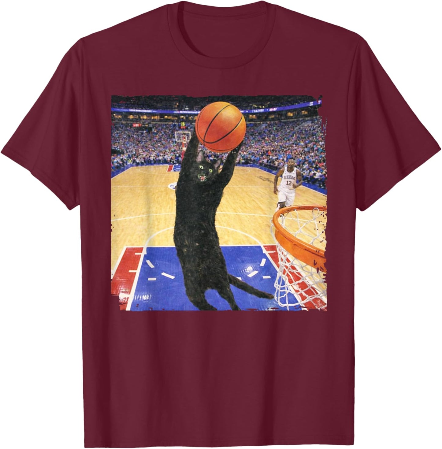 Funny Basketball Black Cat Vintage Hacker Cat Meme T-Shirt - T-Shirt | Maroon