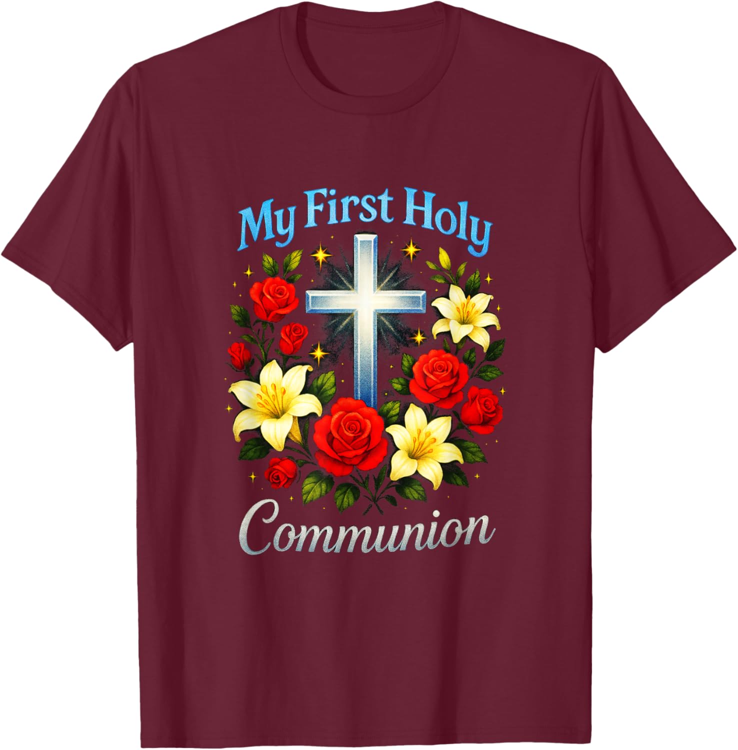 My First Holy Communion - Church Event Flowers T-Shirt - T-Shirt | Maroon
