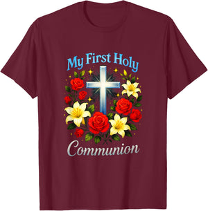 My First Holy Communion - Church Event Flowers T-Shirt - T-Shirt | Maroon