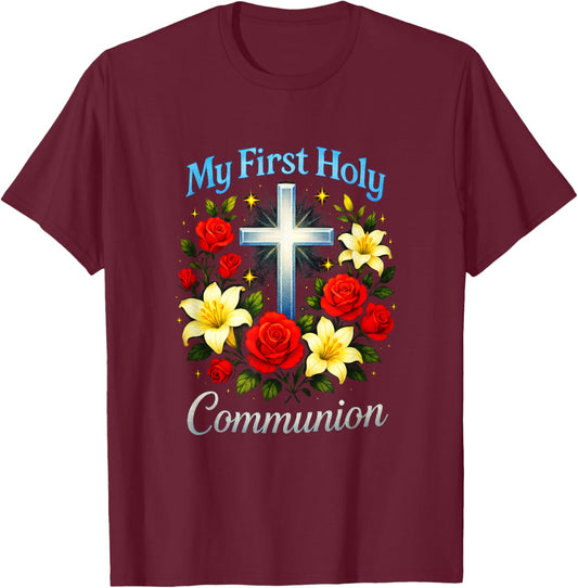 My First Holy Communion - Church Event Flowers T-Shirt - T-Shirt | Maroon