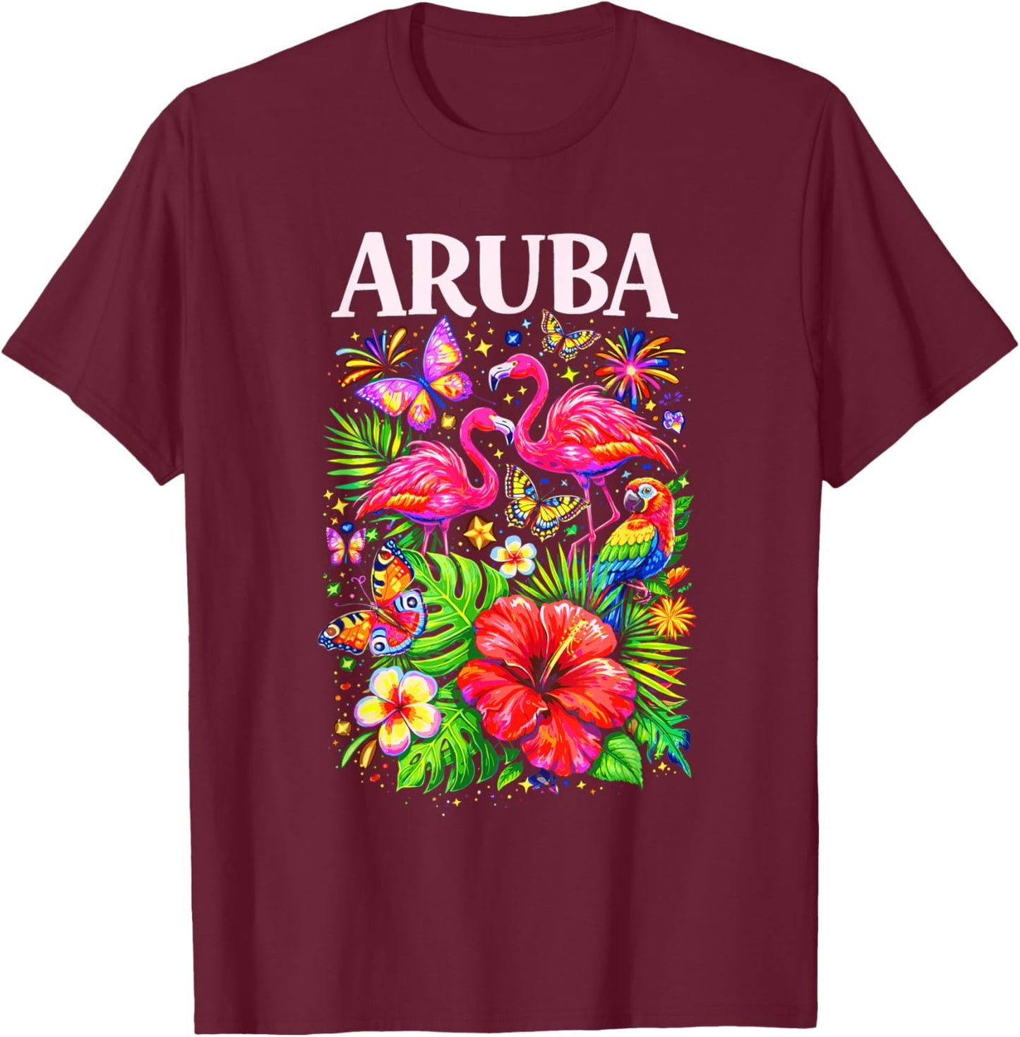 Aruba Tropical Paradise Flamingos Flowers Butterflies T-Shirt - T-Shirt | Maroon