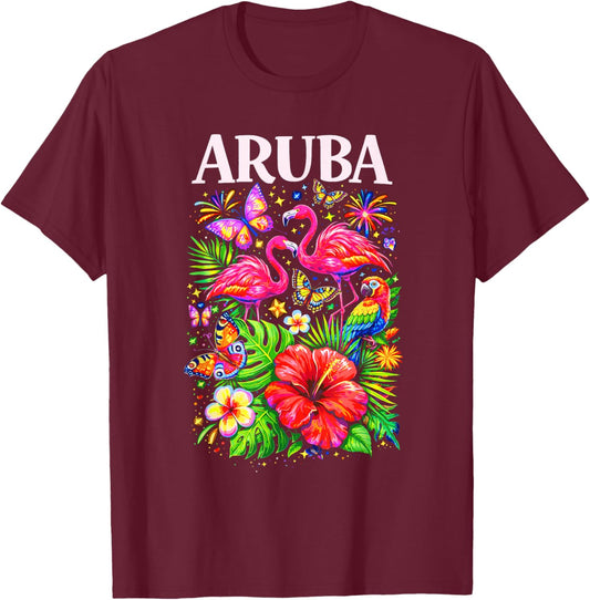 Aruba Tropical Paradise Flamingos Flowers Butterflies T-Shirt - T-Shirt | Maroon
