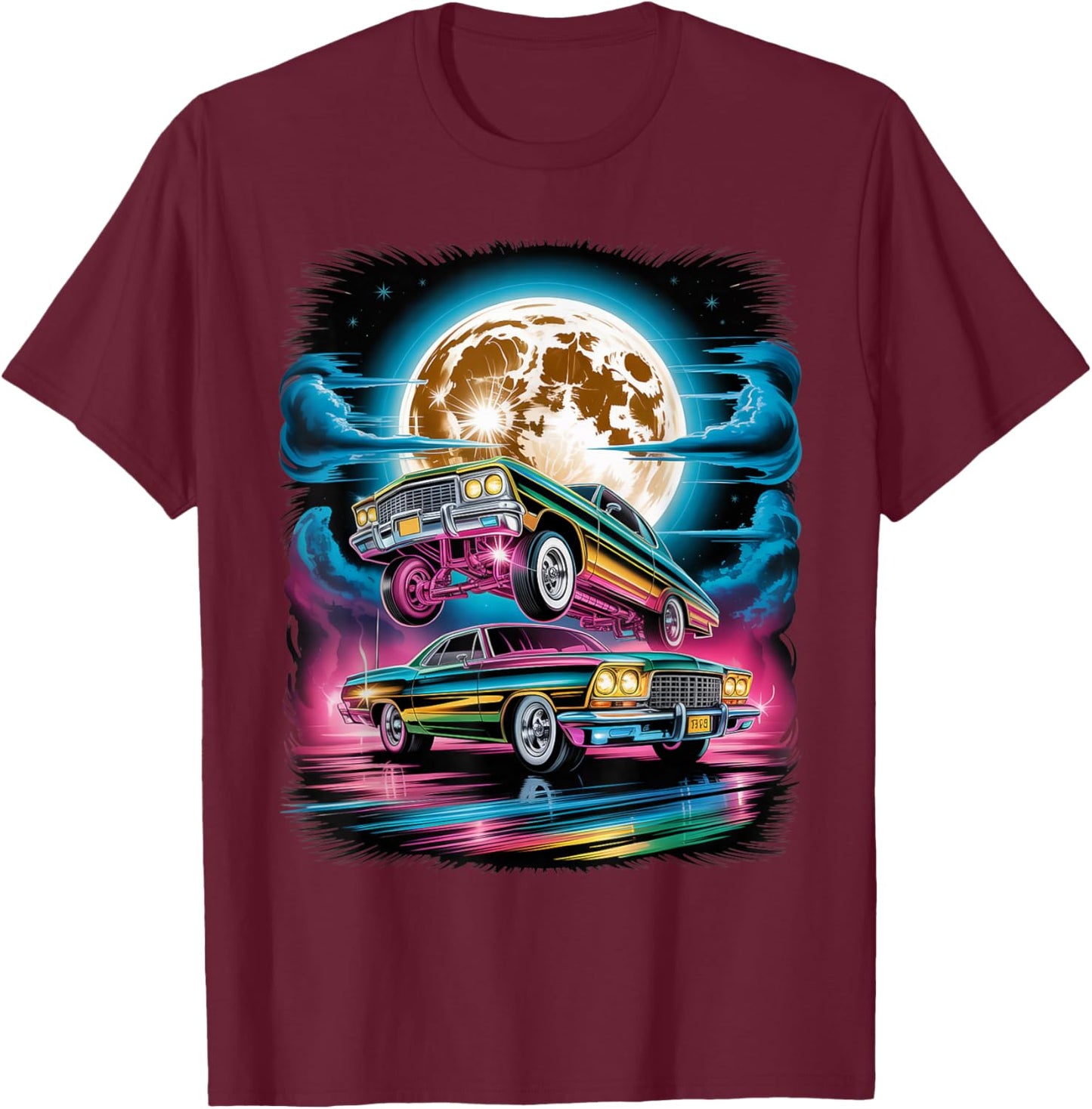 Vintage Retro 90s Airbrushed Classic Cars Under Full Moon T-Shirt - T-Shirt | Maroon