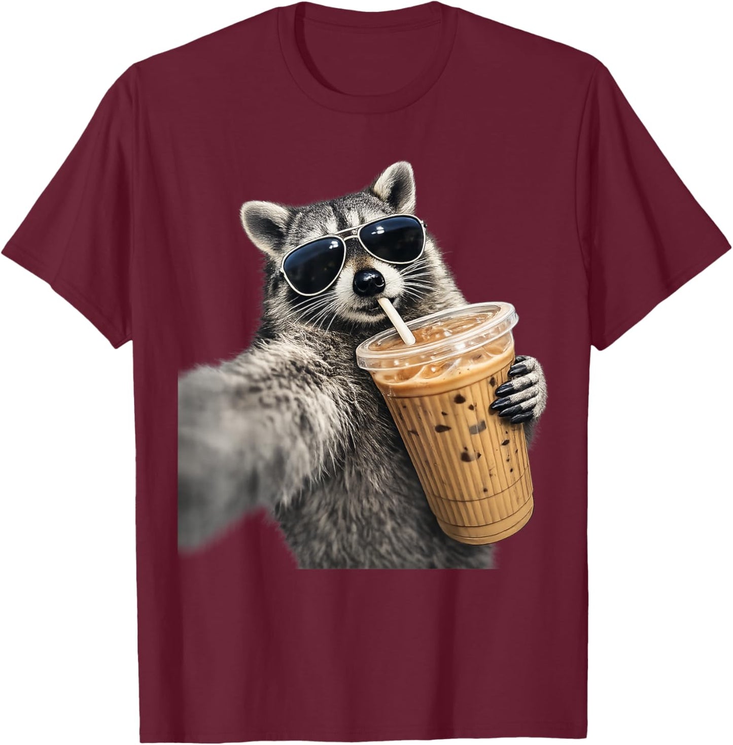 Funny Raccoon Drinking iced Coffee T-Shirt - T-Shirt | Maroon
