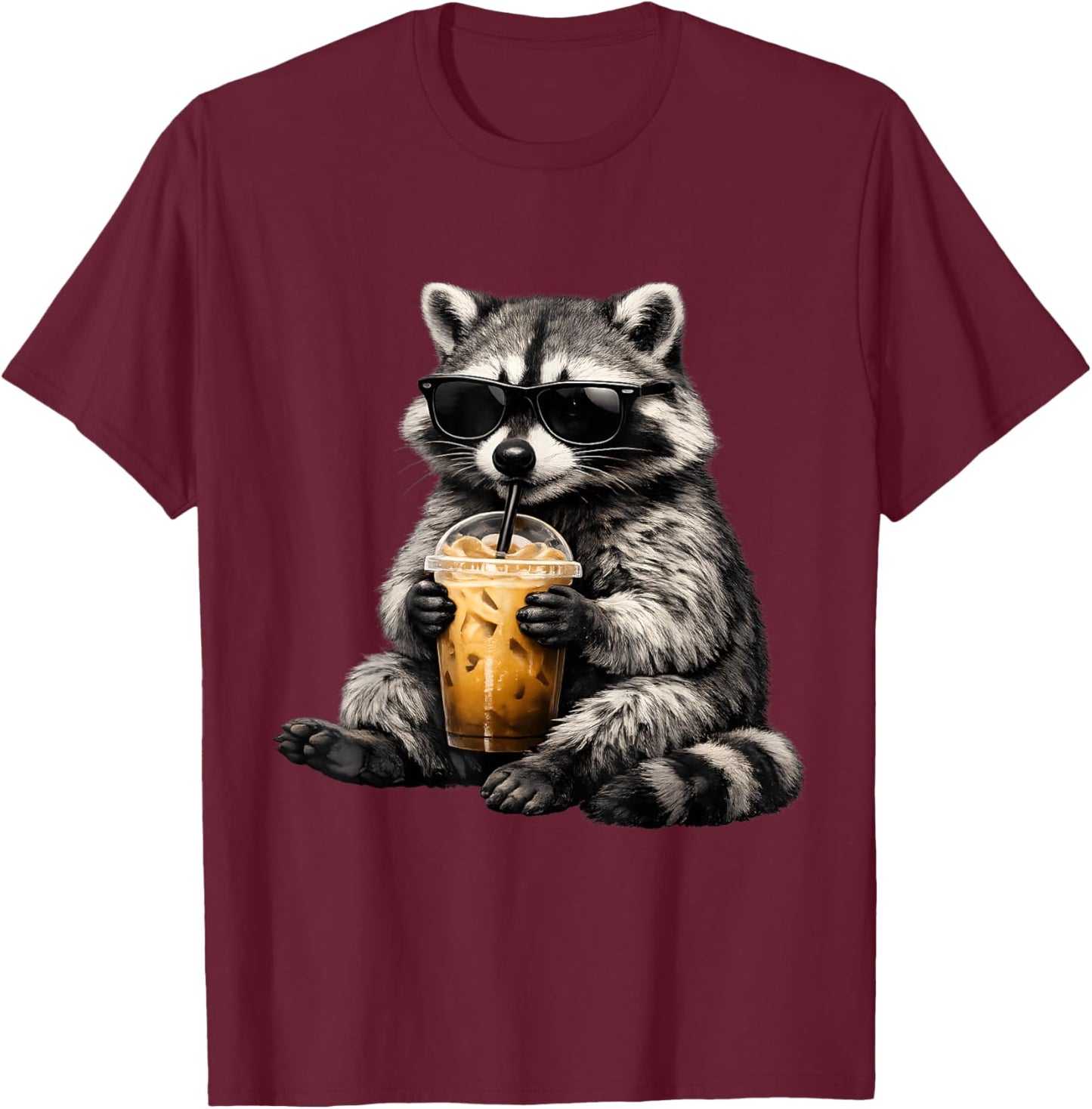 Raccoon Drinking Iced Coffee Retro Cool Animal Humor Funny T-Shirt - T-Shirt | Maroon