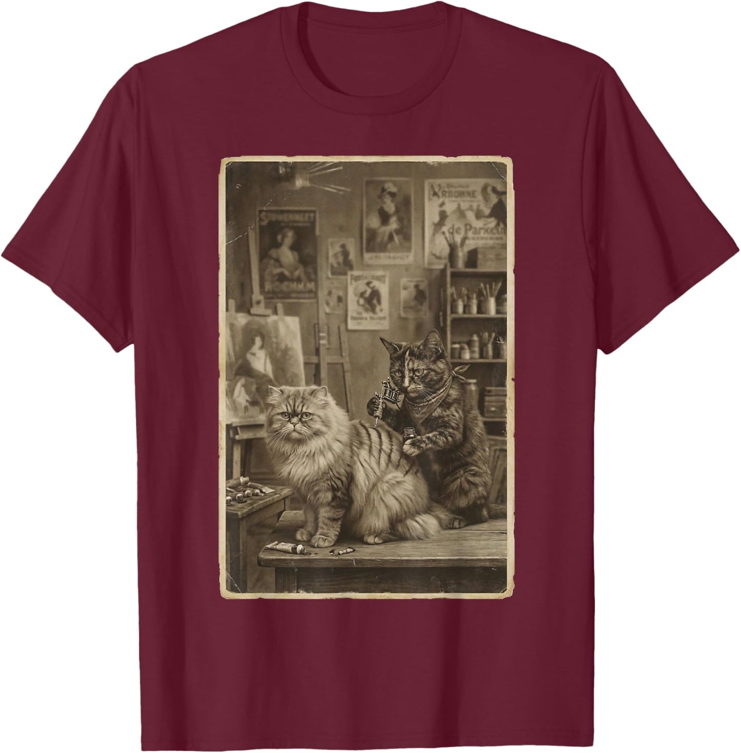 Vintage Sepia Cat Tattoo Artist – Funny Victorian Style T-Shirt - T-Shirt | Maroon