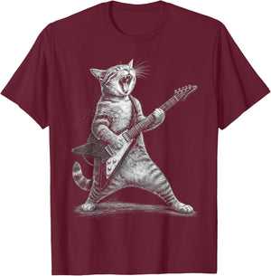 Funny Cat Playing Guitar Rock Sarcastic Men Women Kids T-Shirt - T-Shirt | Maroon