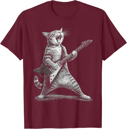 Funny Cat Playing Guitar Rock Sarcastic Men Women Kids T-Shirt - T-Shirt | Maroon