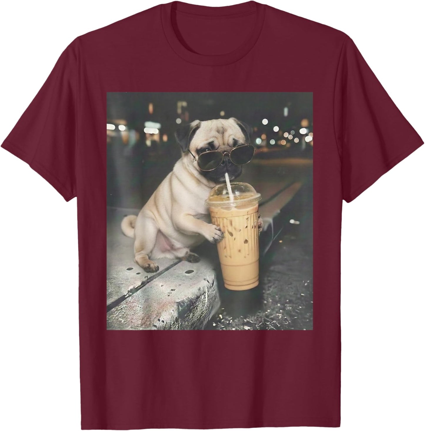 Pug Drinking Iced Coffee Funny Animal Meme Dog Pug Lover T-Shirt - T-Shirt | Maroon