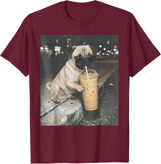 Pug Drinking Iced Coffee Funny Animal Meme Dog Pug Lover T-Shirt - T-Shirt | Maroon