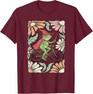 Whimsical Frog Wizard on Bicycle Vintage Floral Art T-Shirt - T-Shirt | Maroon