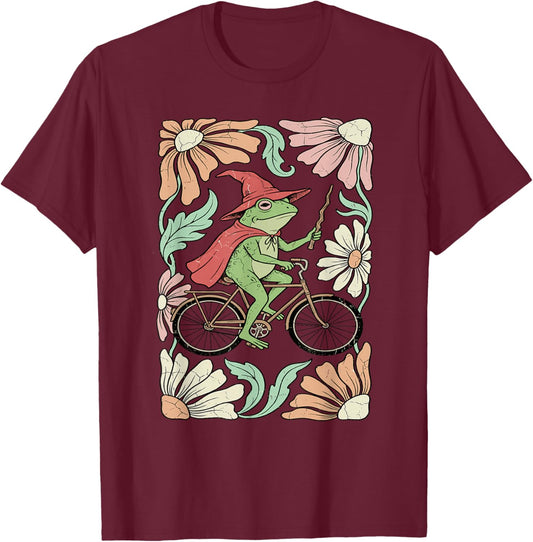 Whimsical Frog Wizard on Bicycle Vintage Floral Art T-Shirt - T-Shirt | Maroon