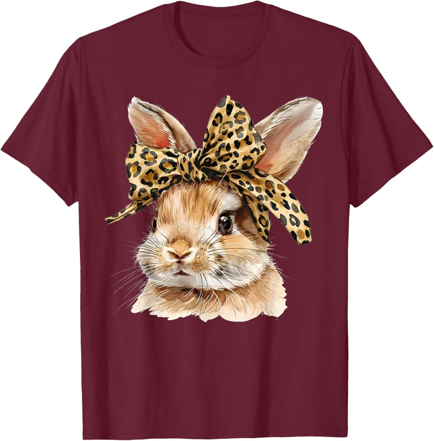 Cute Easter Bunny Face Bow Leopard Rabbit Women Girls T-Shirt - T-Shirt | Maroon