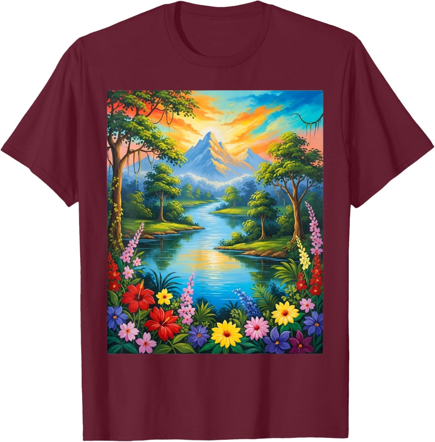 Nature Tropical Forest Trees Sun River Flowers Painting Art T-Shirt - T-Shirt | Maroon