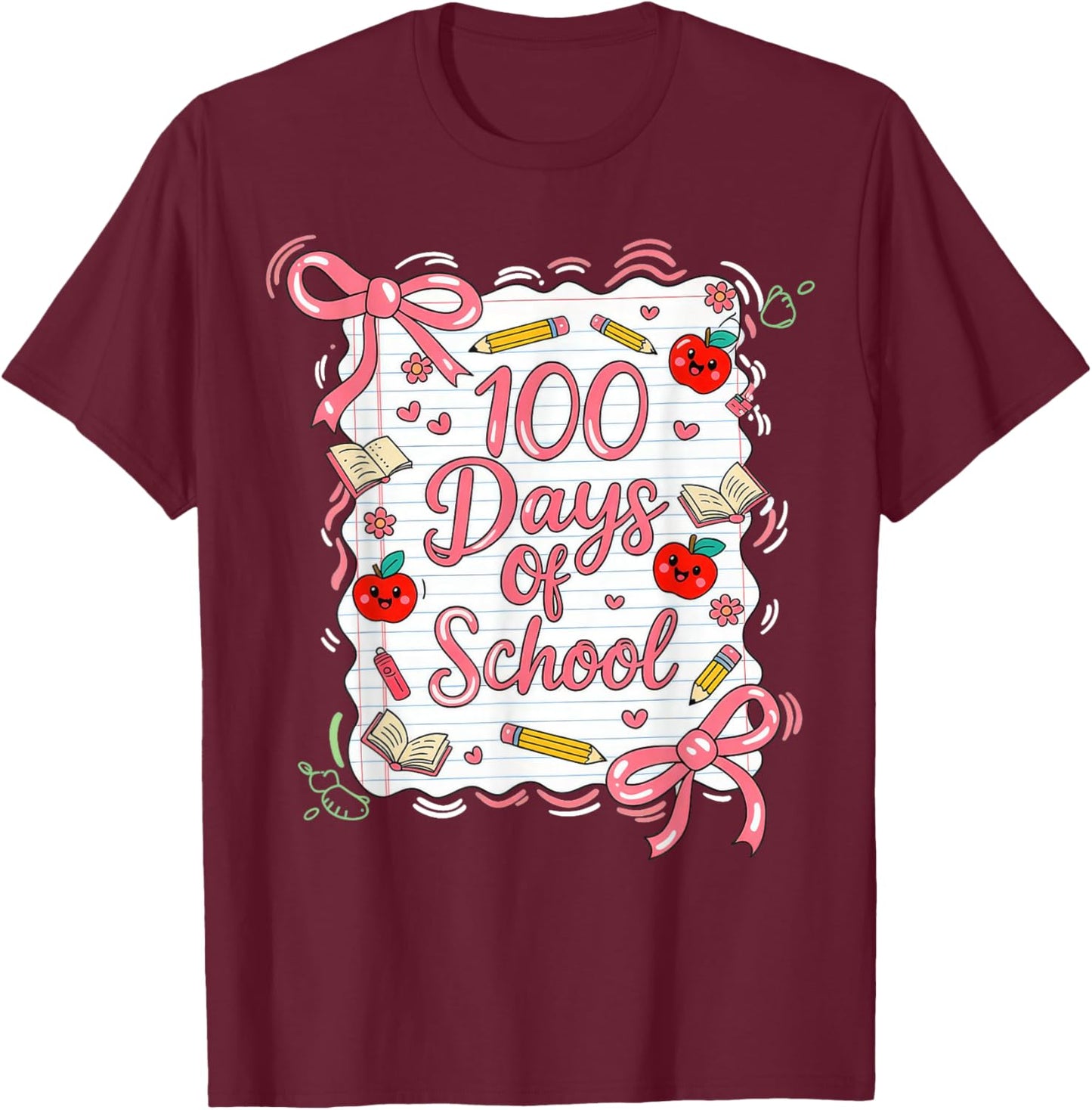 100 Days of School Coquette Bow for Girls 100th Day Teacher T-Shirt - T-Shirt | Maroon