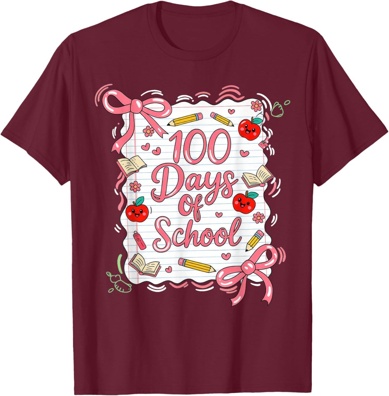 100 Days of School Coquette Bow for Girls 100th Day Teacher T-Shirt - T-Shirt | Maroon