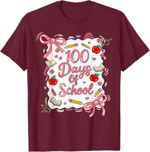 100 Days of School Coquette Bow for Girls 100th Day Teacher T-Shirt - T-Shirt | Maroon