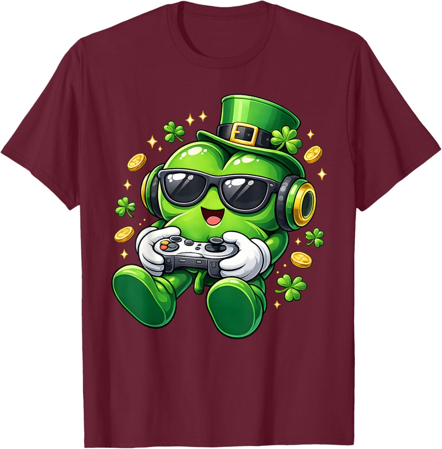 Video Game Shamrock St Patricks Day Gamer Boys Kids Gaming T-Shirt - T-Shirt | Maroon