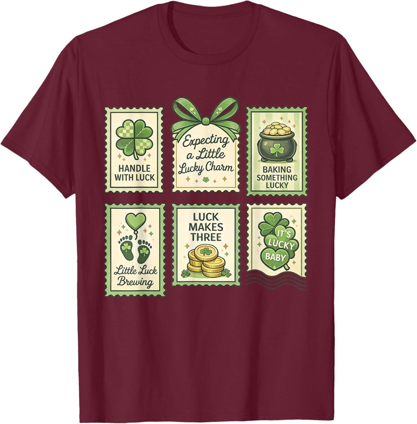 Stamp St. Patrick's Day Pregnancy Announcement Reveal Baby T-Shirt - T-Shirt | Maroon