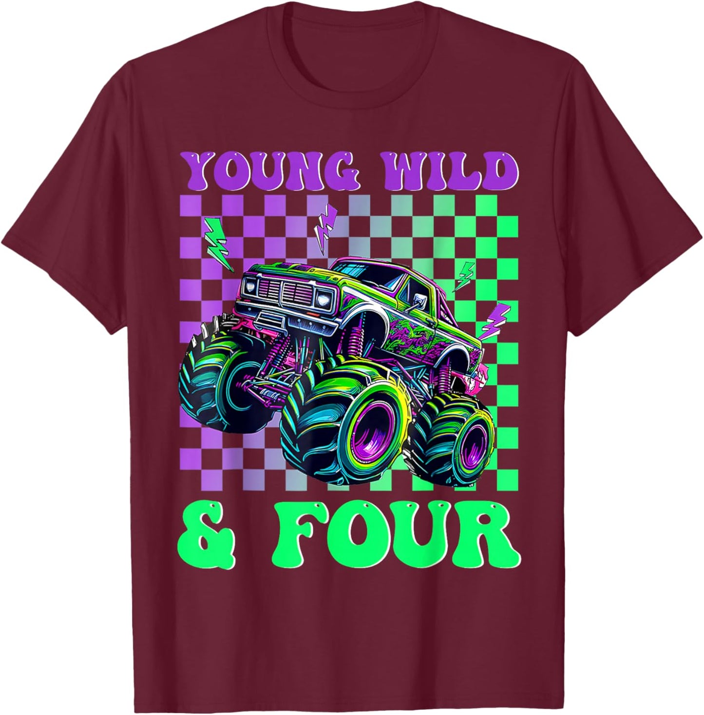 Kids 4th Birthday Boy Monster Truck Young Wild and Four T-Shirt - T-Shirt | Maroon