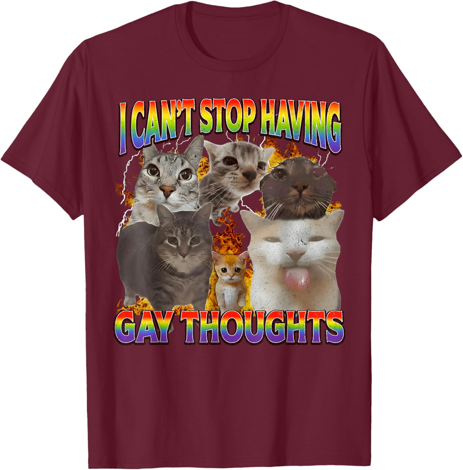 Can't Stop Having Gay Thoughts Funny Cat Meme Bootleg T-Shirt - T-Shirt | Maroon