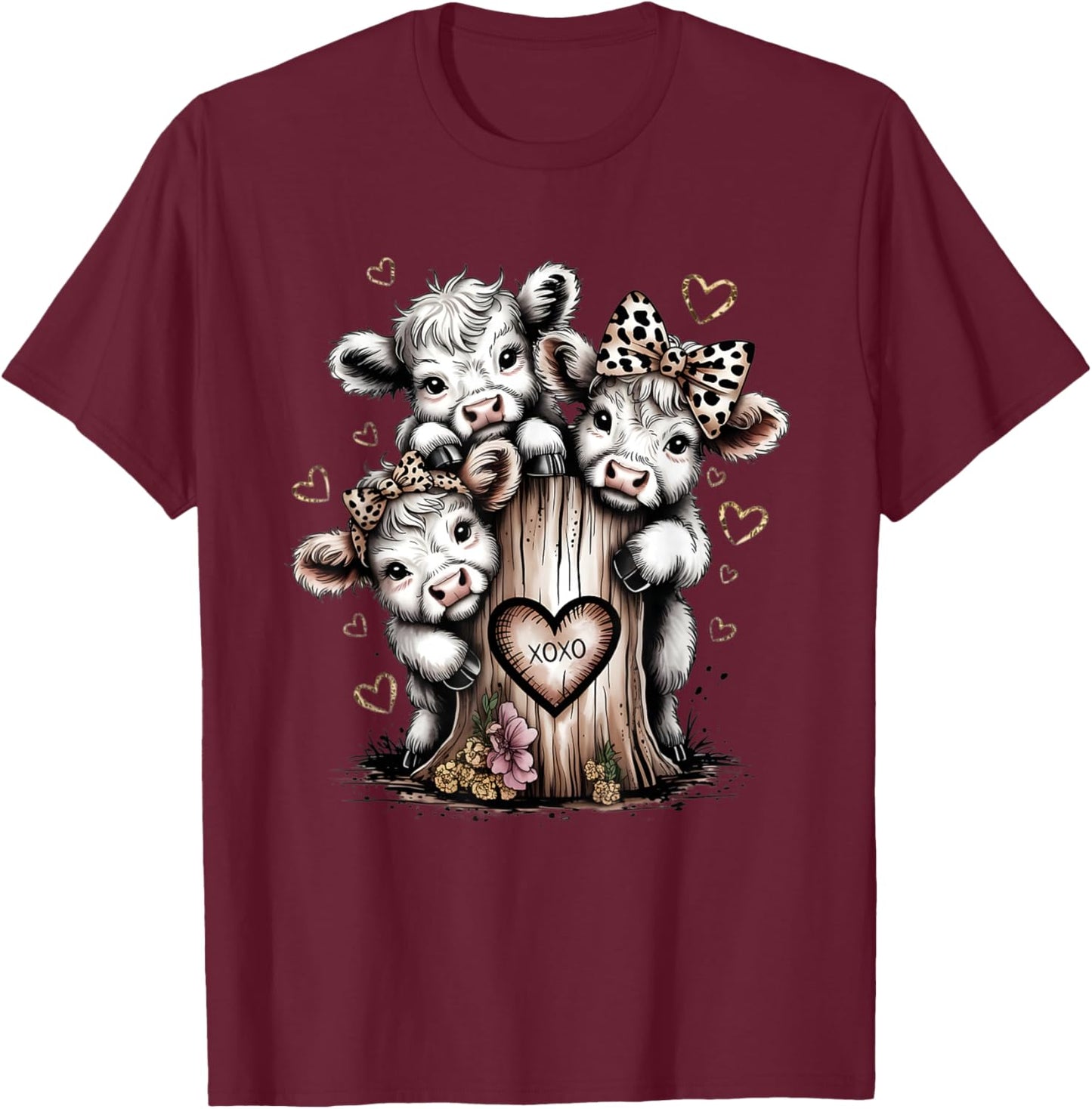 Cute Highland Cow Valentine Leopard Animal Print T-Shirt - T-Shirt | Maroon