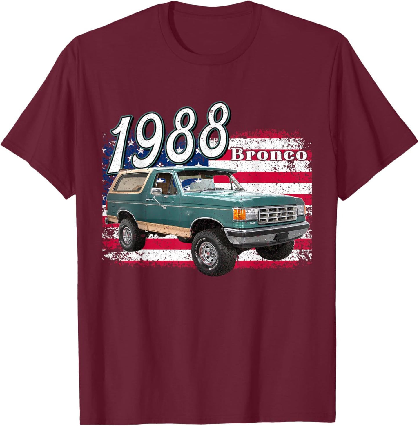 1988 88 Bronco Blue Classic Vintage Old Car USA Flag T-Shirt - T-Shirt | Maroon