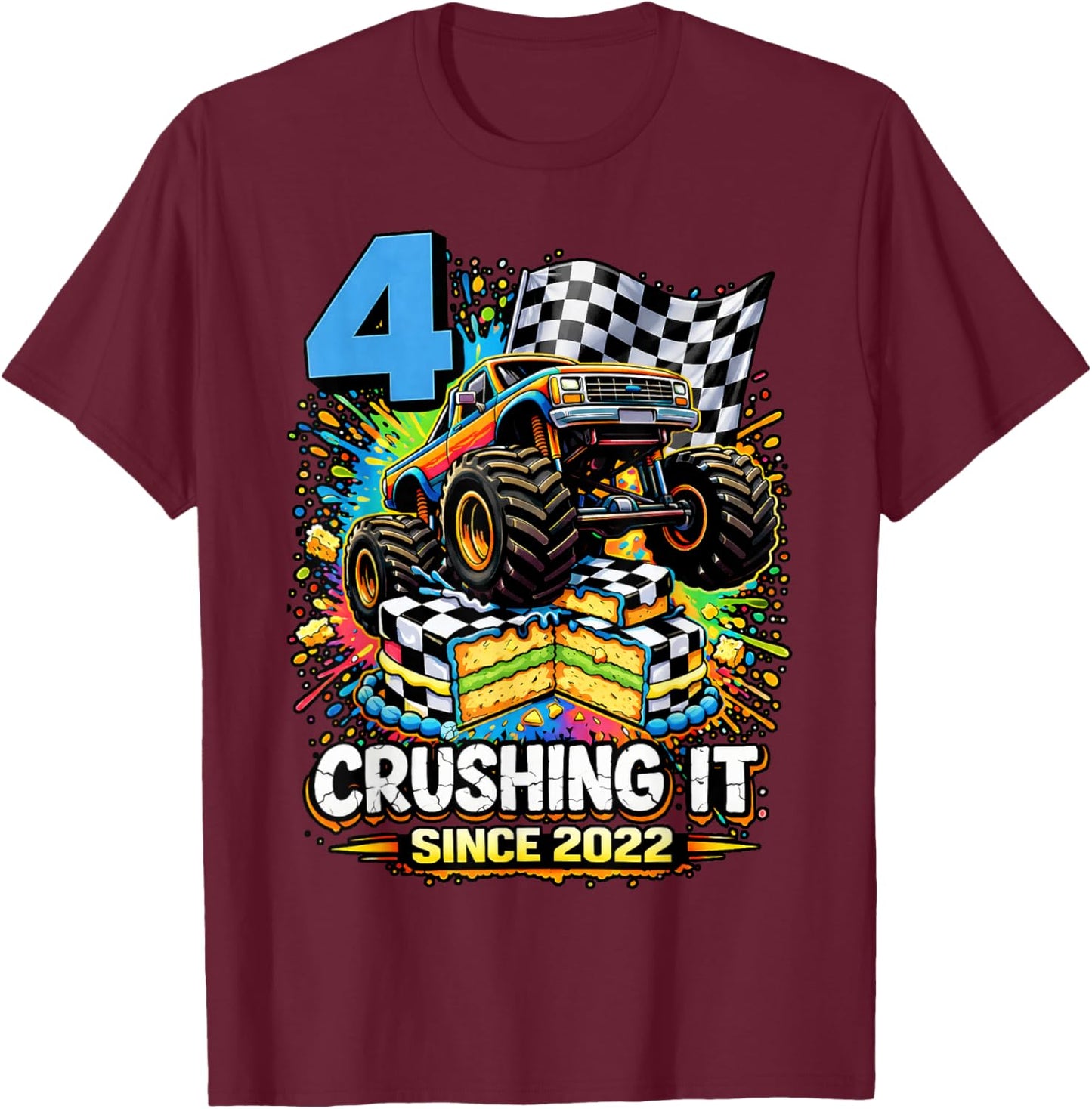 Birthday Monster Truck 4 Year Old Boys 4th Party Born 2022 T-Shirt - T-Shirt | Maroon