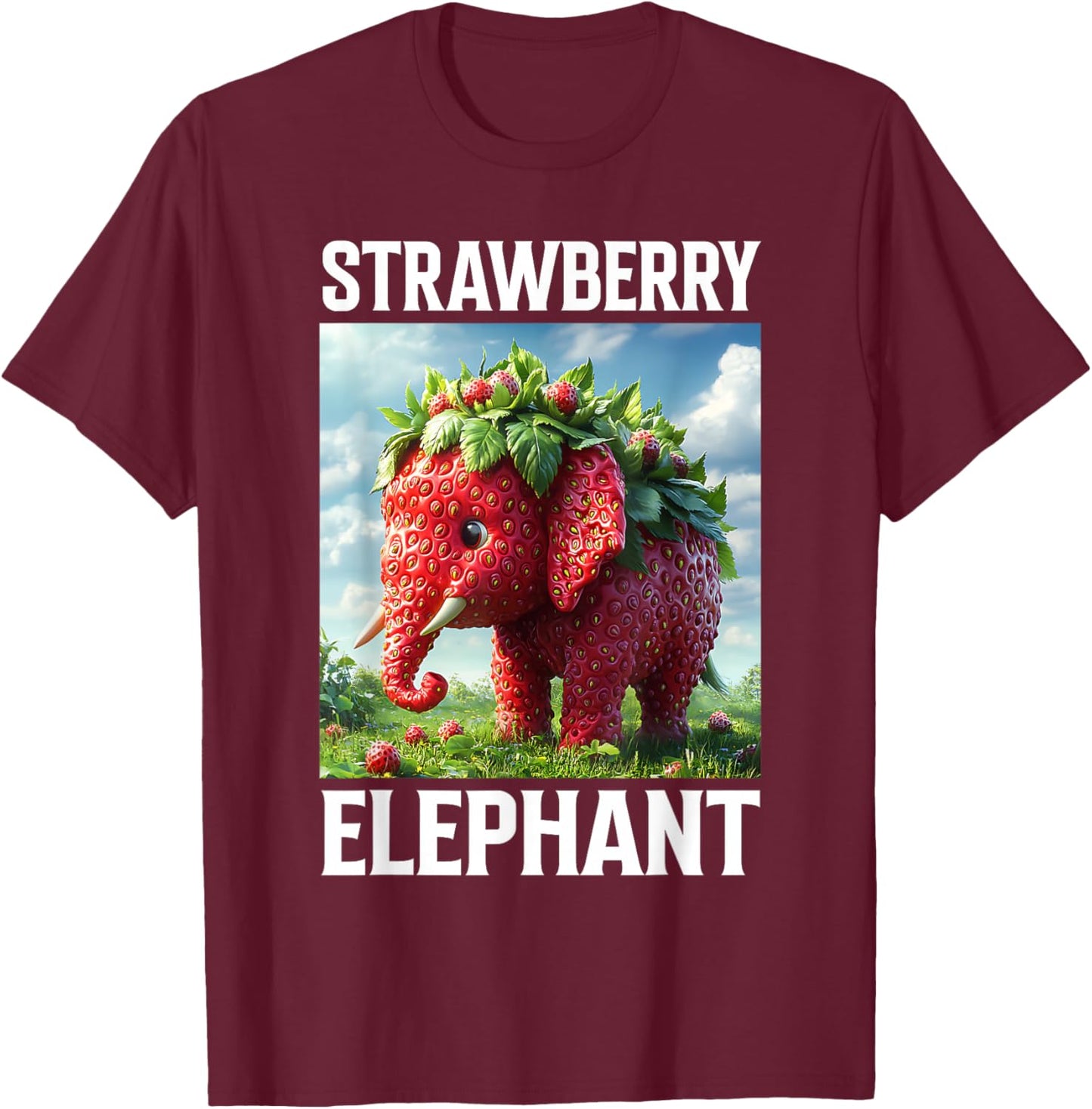 Strawberry Elephant Cute Whimsical Animal Art T-Shirt - T-Shirt | Maroon