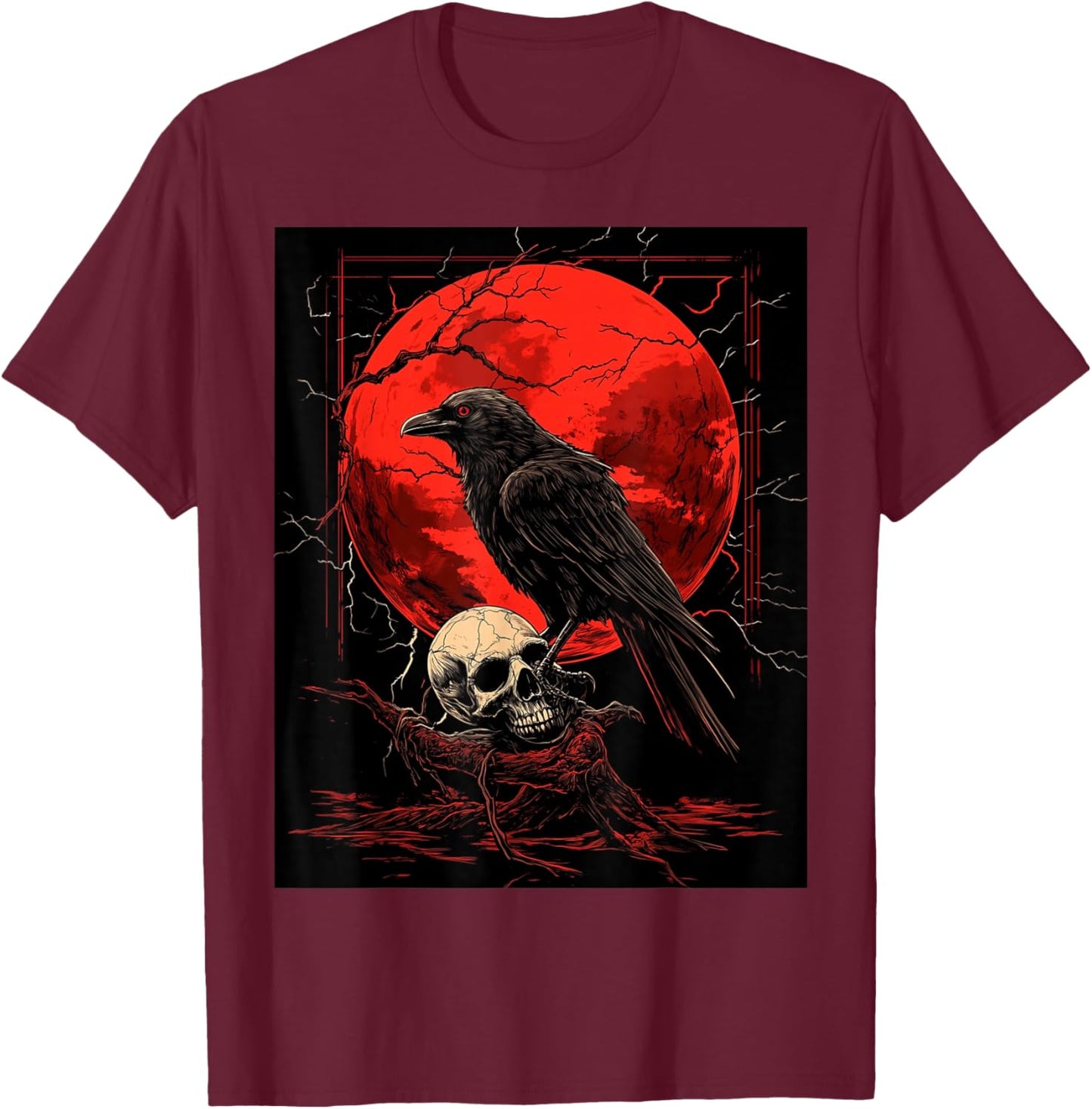 Raven Skull Moon Men Black Gothic Women Black Crow T-Shirt - T-Shirt | Maroon