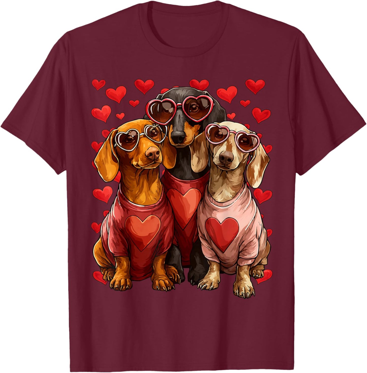 Cute Dachshunds Dogs with Heart Sunglasses Valentines Day T-Shirt - T-Shirt | Maroon