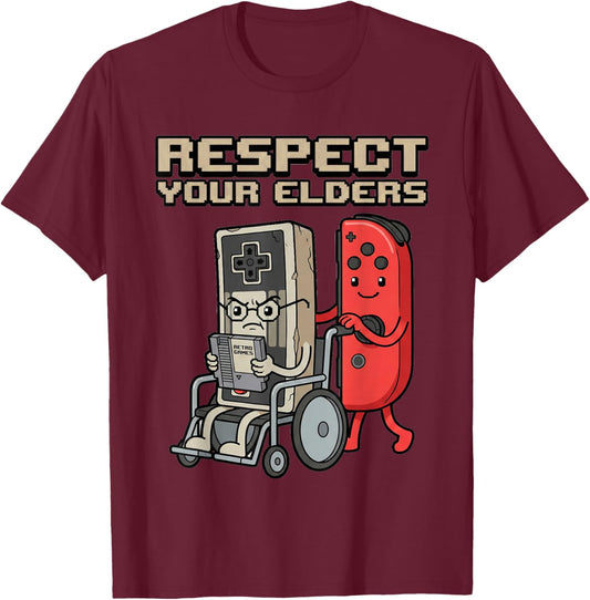 Respect Your Elders Retro Gaming Funny Gamer Controller T-Shirt - T-Shirt | Maroon