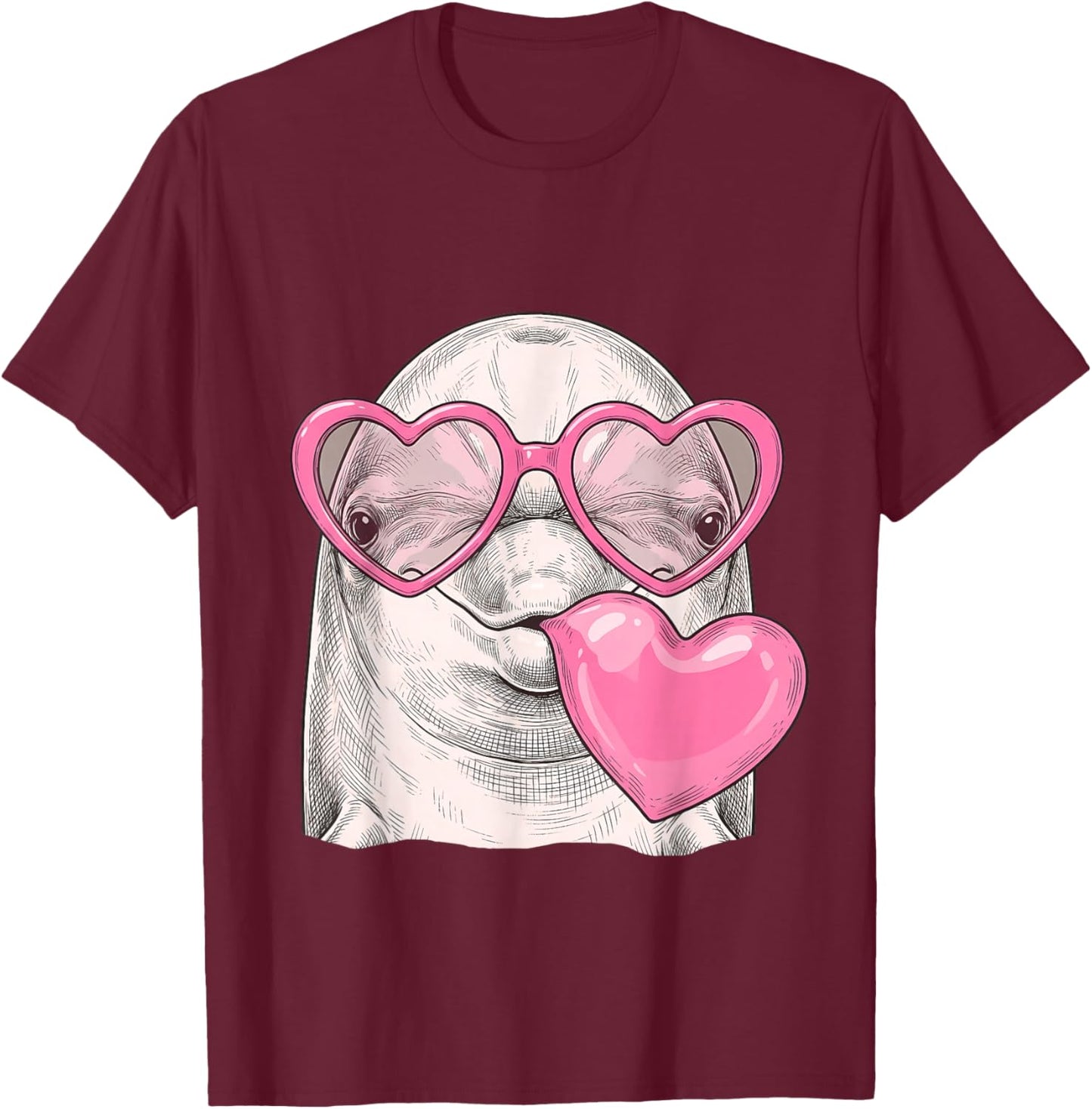 Cute Dolphin Blowing Pink Valentine Heart Bubble Gum T-Shirt - T-Shirt | Maroon
