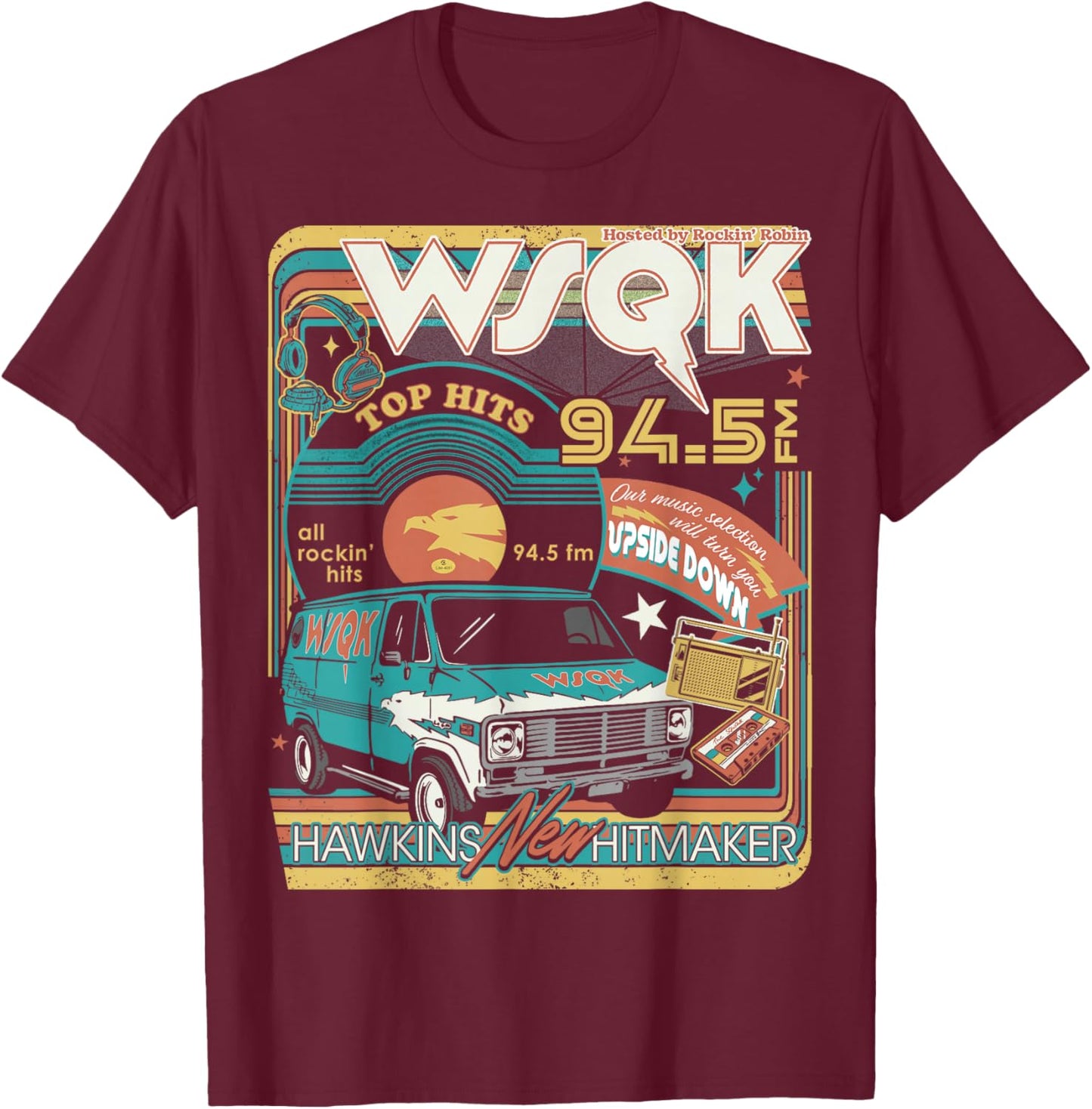 Stranger Things Season 5 WSQK Hawkins New Hitmaker Retro T-Shirt - T-Shirt | Maroon